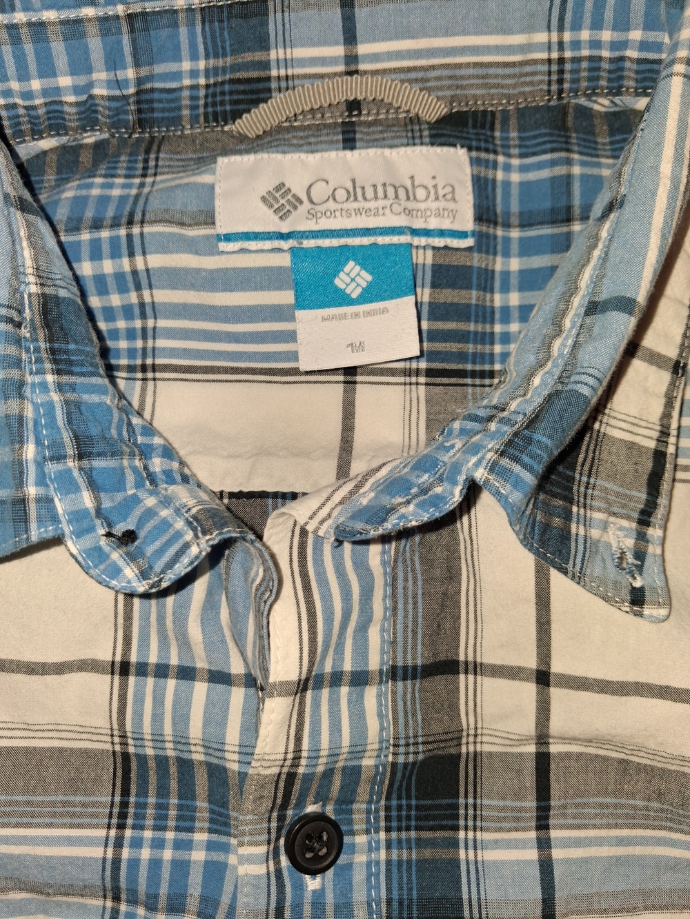 Columbia Blue and White Plaid Casual Button-Down Shirt